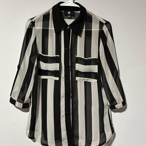 Iz Byer Black and White Striped Collared Blouse